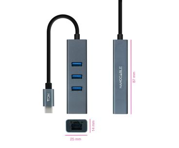CONVERSOR USB-C A ETHERNET GIGABIT + 3xUSB 3.0 15cm GRIS NANOCABLE