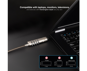 CABLE LOCK DE SEGURIDAD TIPO NANO CON COMBINACION PARA PORTATILES 1.5M GRIS TOOQ